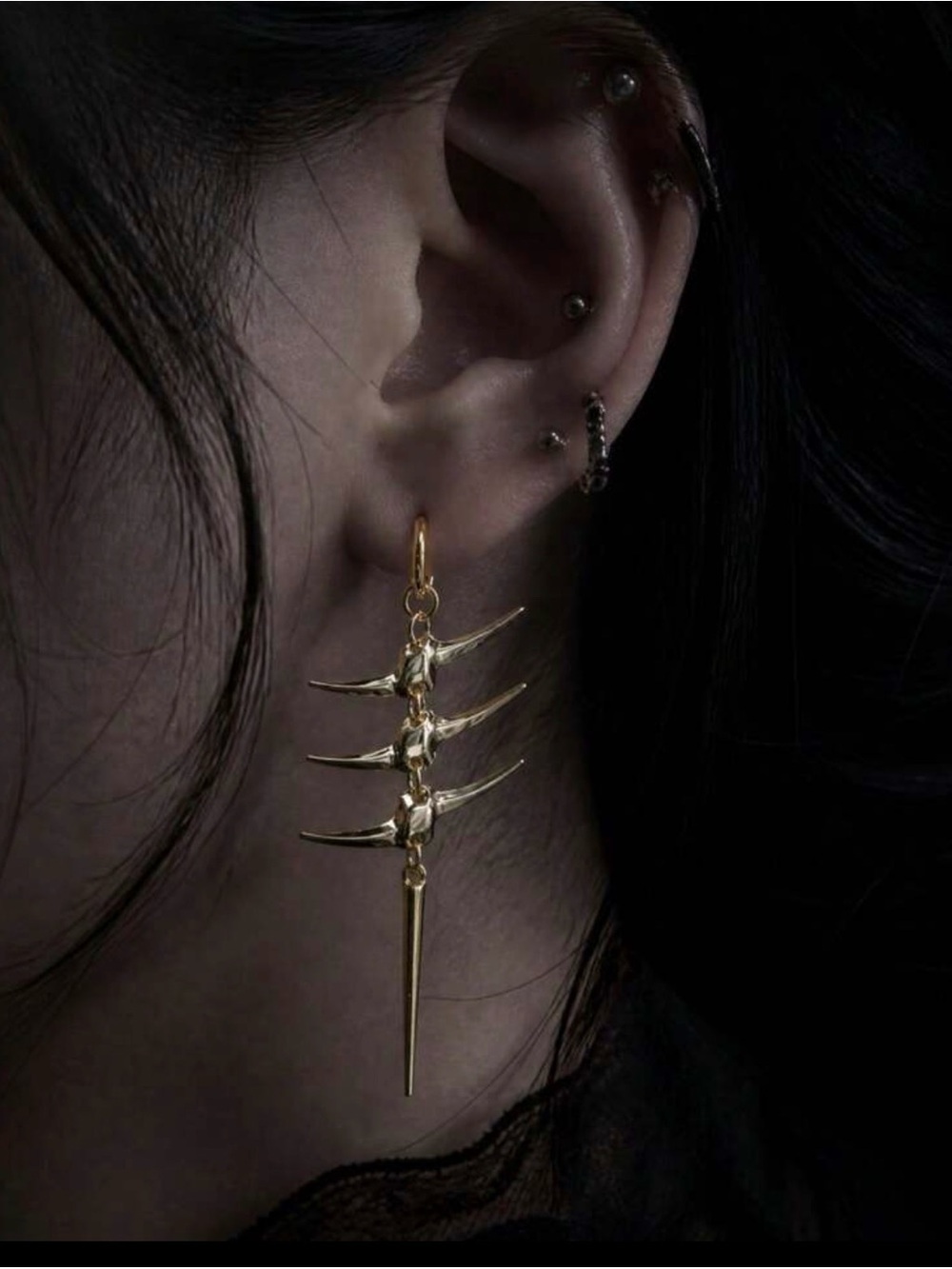Gold Triple Swallow Spike Drop Earrings